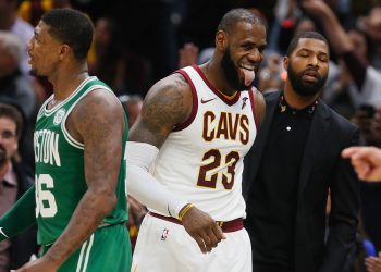October 17, 2017 - Cleveland, OH, USA - The Cleveland Cavaliers' LeBron James (23) reacts after the Boston Celtics' Marcus Smart turns the ball over in the fourth quarter on Tuesday, Oct. 17, 2017, at Quicken Loans Arena in Cleveland. The Cavs won, 102-99 (Photo by Leah Klafczynski/Zuma Press/Icon Sportswire)