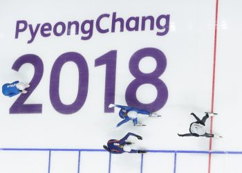 PYEONGCHANG, Feb. 24, 2018 Nana Takagi (1st R) of Japan crosses finishing line of ladies' mass start event of speed skating at the 2018 PyeongChang Winter Olympic Games at Gangneung Oval, PyeongChang, Feb. 24, 2018. Nana Takagi claimed gold medal with 60 points (Photo by Xinhua/Zuma Press/Icon Sportswire)