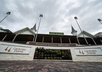 LOUISVILLE, KY - MAY 04: A detailed view of the twin spires at  Churchill Downs and the Woodford reserve winner's circle is seen during Kentucky Oaks Day at Churchill Downs on May 4, 2018 in Louisville, Kentucky. (Photo by Robin Alam/Icon Sportswire)