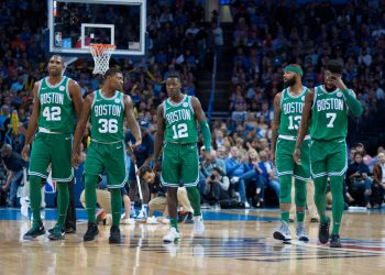 OKLAHOMA CITY, OK - NOVEMBER 03: Boston Celtics Center Al Horford (42) Boston Celtics Guard Marcus Smart (36) Boston Celtics Guard Terry Rozier (12) Boston Celtics Forward Marcus Morris (13) Boston Celtics Forward Jaylen Brown (7) walking of the court versus Oklahoma City Thunder on November 03, 2017 at the Chesapeake Energy Arena Oklahoma City, OK. (Photo by Torrey Purvey/Icon Sportswire)