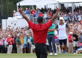 ATLANTA, GA - SEPTEMBER 23: Tiger Woods celebrates after winning the Tour Championship on September 23, 2018, at East Lake Golf Club in Atlanta, GA. (Photo by Michael Wade/Icon Sportswire)