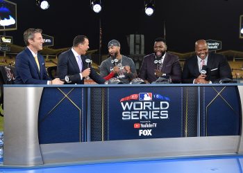 LOS ANGELES - OCTOBER 28:  Kevin Burkhardt, Alex Rodriguez, Eduardo Nunez, David Ortiz and Frank Thomas at the World Series on Fox - Game 4 - Boston Red Sox at Los Angeles Dodgers at Dodgers Stadium on October 28, 2018 in Los Angeles, California. (Photo by Frank Micelotta/Fox/PictureGroup)
