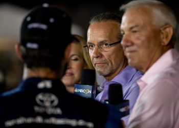SPARTA, KY - JULY 14: Kyle Petty, NBCSN tv host listens to Martin Truex Jr., driver of the (78) Auto-Owners Insurance Toyota, on set after the Monster Energy NASCAR Cup Series Quaker State 400 presented by Walmart on July 14th, 2018, at Kentucky Speedway in Sparta, Kentucky. (Photo by Adam Lacy/Icon Sportswire)