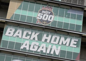 INDIANAPOLIS, IN - MAY 24: The Indy 500 logo and the words Back Home Again are displayed on the side of the Pagoda during the IndyCar Series Carb Day practice session on May 24, 2019, at the Indianapolis Motor Speedway in Indianapolis, Indiana. (Photo by Michael Allio/Icon Sportswire)