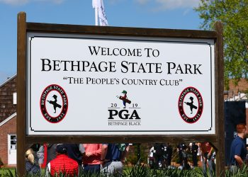 FARMINGDALE, NY - MAY 15: A general view of the Welcome to Bethpage State Park sign outside the clubhouse during the PGA Championship on May 15, 2019 at Bethpage State Park the Black Course in Farmingdale, NY.  (Photo by Rich Graessle/Icon Sportswire)