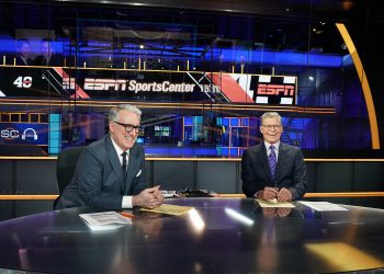 Bristol, CT - September 6, 2019 - Studio X: Keith Olbermann (l) and Dan Patrick on the SportsCenter set. (photo by Joe Faraoni / ESPN Images)
