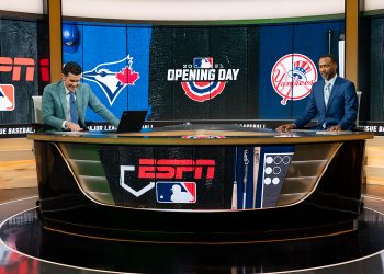 Bristol, CT - April 1, 2021 - Studio Y: Kevin Connors and Doug Glanville during MLB opening day on Campus.
(Photo by Kelly Backus / ESPN Images)