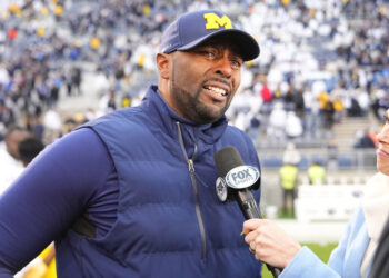 UNIVERSITY PARK, PA - NOVEMBER 11: Michigan Wolverines Offensive Coordinator Sherrone Moore shows emotion after getting the win as acting head coach after the College Football game between the Michigan Wolverines and the Penn State Nittany Lions on November 11, 2023, at Beaver Stadium in University Park, PA. (Photo by Gregory Fisher/Icon Sportswire)
