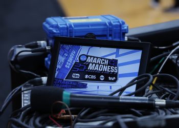 Mar 16, 2023; Columbus, OH, USA; March Madness logo displayed on a monitor during NCAA Tournament First Round Columbus Practice at Nationwide Arena. Mandatory Credit: Rick Osentoski-USA TODAY Sports