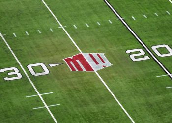 Dec 2, 2023; Las Vegas, NV, USA; The Mountain West conference logo on the field at Allegiant Stadium. Mandatory Credit: Kirby Lee-USA TODAY Sports