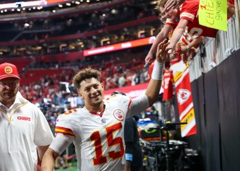 Sep 22, 2024; Atlanta, Georgia, USA; Kansas City Chiefs quarterback Patrick Mahomes (15) talks to fans after a victory over the Atlanta Falcons at Mercedes-Benz Stadium. Mandatory Credit: Brett Davis-Imagn Images