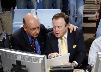Feb 6, 2008, Chapel Hill, NC, USA; ESPN announcer Dick Vitale and Mike Patrick get ready before the game between the North Carolina Tar Heels and Duke Blue Devils at the Smith Center. Mandatory Credit: Bob Donnan-USA TODAY Sports