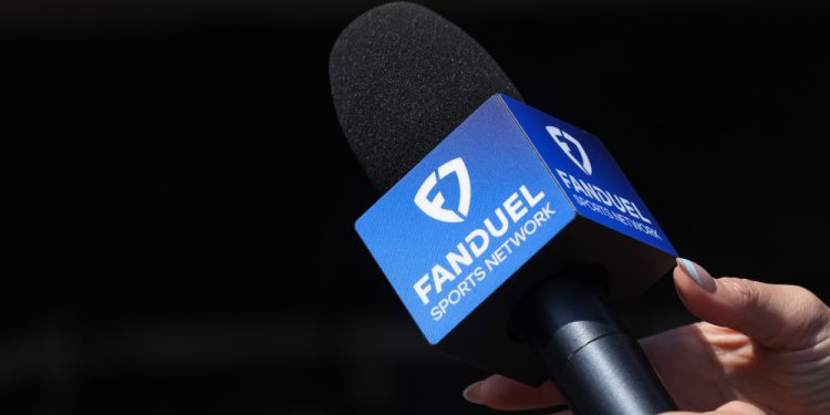 DETROIT, MI - APRIL 23:  The Fanduel Sports Network logo is seen on the microphone logo block of a reporter during a regular season Major League Baseball game between the San Diego Padres and the Detroit Tigers on April 23, 2025 at Comerica Park in Detroit, Michigan.  (Photo by Scott W. Grau/Icon Sportswire)