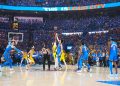 Jun 22, 2025; Oklahoma City, Oklahoma, USA; Indiana Pacers center Myles Turner (33) and Oklahoma City Thunder forward Chet Holmgren (7) jump for the tip off during game seven of the 2025 NBA Finals at Paycom Center. Mandatory Credit: Kyle Terada-Imagn Images