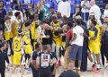 Jun 22, 2025; Oklahoma City, Oklahoma, USA; Indiana Pacers guard Tyrese Haliburton (0) is assisted after an apparent injury following a play against the Oklahoma City Thunder during the first half of game seven of the 2025 NBA Finals at Paycom Center. Mandatory Credit: Alonzo Adams-Imagn Images