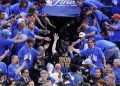 Jun 22, 2025; Oklahoma City, Oklahoma, USA; Oklahoma City Thunder forward Chet Holmgren (7) greets fans as he walks off tthe court after winning game seven of the 2025 NBA Finals against the Indiana Pacers at Paycom Center. Mandatory Credit: Alonzo Adams-Imagn Images