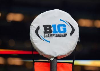 INDIANAPOLIS, IN - DECEMBER 04: A detail view of a Big Ten Championship logo is seen on a field yard marker during the Big Ten Championship Game between the Iowa Hawkeyes and the Michigan Wolverines on December 04, 2021, at Lucas Oil Stadium, in Indianapolis, IL. (Photo by Robin Alam/Icon Sportswire)
