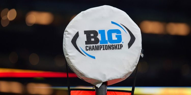 INDIANAPOLIS, IN - DECEMBER 04: A detail view of a Big Ten Championship logo is seen on a field yard marker during the Big Ten Championship Game between the Iowa Hawkeyes and the Michigan Wolverines on December 04, 2021, at Lucas Oil Stadium, in Indianapolis, IL. (Photo by Robin Alam/Icon Sportswire)