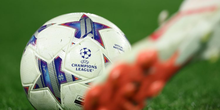 2TCHTEH The ball with the champions league logo during the Uefa champions league match between SSC Napoli vs Braga at the Diego Armando Maradona Stadium in Naples, southern Italy, on December 12, 2023.