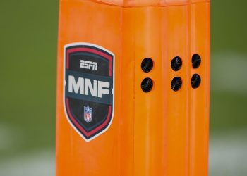 Nov 10, 2025; Green Bay, Wisconsin, USA;  General view of an ESPN Monday Night Football logo during the game between the Philadelphia Eagles and Green Bay Packers at Lambeau Field. Mandatory Credit: Jeff Hanisch-Imagn Images