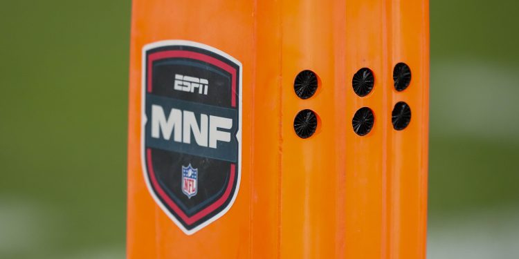 Nov 10, 2025; Green Bay, Wisconsin, USA; General view of an ESPN Monday Night Football logo during the game between the Philadelphia Eagles and Green Bay Packers at Lambeau Field. Mandatory Credit: Jeff Hanisch-Imagn Images