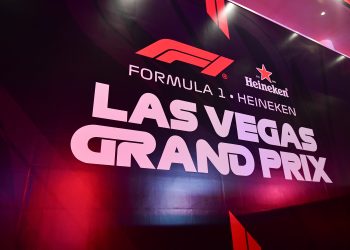 Nov 19, 2025; Las Vegas, NV, USA; Signage for the Las Vegas Grand Prix pictured at Las Vegas Strip Circuit. Mandatory Credit: Gary A. Vasquez-Imagn Images