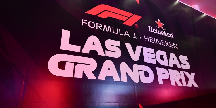 Nov 19, 2025; Las Vegas, NV, USA; Signage for the Las Vegas Grand Prix pictured at Las Vegas Strip Circuit. Mandatory Credit: Gary A. Vasquez-Imagn Images