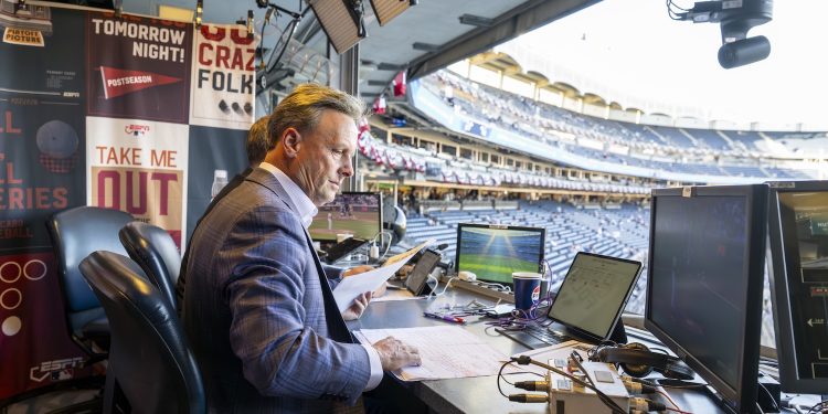 Bronx, NY - October 1, 2025 - Yankees Stadium: Karl Ravech in the broadcast booth prior to game two of the 2025 American League Wild Card.
(Photo by Ben Solomon / ESPN Images)