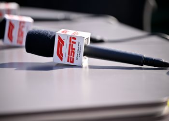 Oct 18, 2025; Austin, TX, USA; A view of the F1 and ESPN logo and microphone before qualifying sessions for the 2025 US Grand Prix at Circuit of The Americas Austin. Mandatory Credit: Jerome Miron-Imagn Images