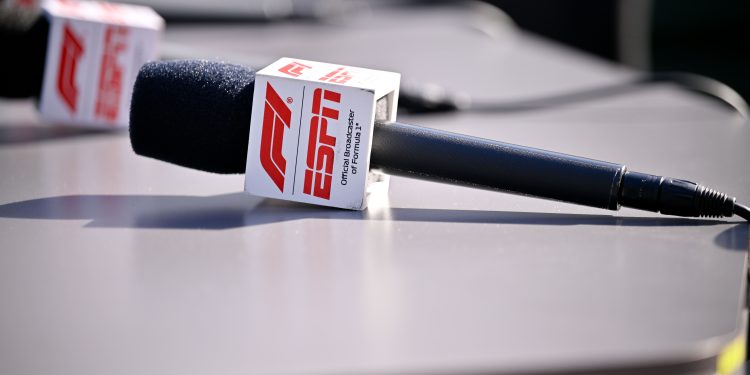 Oct 18, 2025; Austin, TX, USA; A view of the F1 and ESPN logo and microphone before qualifying sessions for the 2025 US Grand Prix at Circuit of The Americas Austin. Mandatory Credit: Jerome Miron-Imagn Images