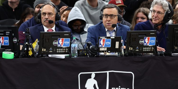 Dec 5, 2025; Boston, Massachusetts, USA; NBA Prime announcer Ian Eagle, center, and analyst Stan Van Gundy, left, are seen during the second half of the game between the Boston Celtics and the Los Angeles Lakers at TD Garden. Mandatory Credit: Winslow Townson-Imagn Images