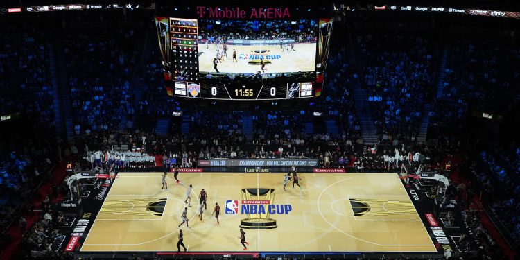 Dec 16, 2025; Las Vegas, Nevada, USA; An overall view of the court during the Emirates NBA Cup Final at T-Mobile Arena. Mandatory Credit: Kirby Lee-Imagn Images