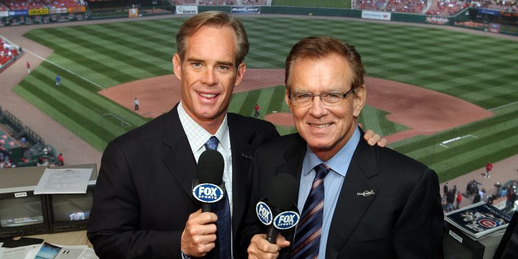 W06EPB Fox Television broadcasters Joe Buck (L) and Tim McCarver pose for a photograph as they prepare for the Chicago Cubs-St. Louis Cardinals baseball game at Busch Stadium in St. Louis on May 3, 2008. (UPI Photo/Bill Greenblatt)