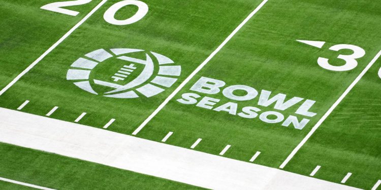 Dec 27, 2024; Las Vegas, NV, USA; The Bowl Season logo on the field at Allegiant Stadium. Mandatory Credit: Kirby Lee-Imagn Images