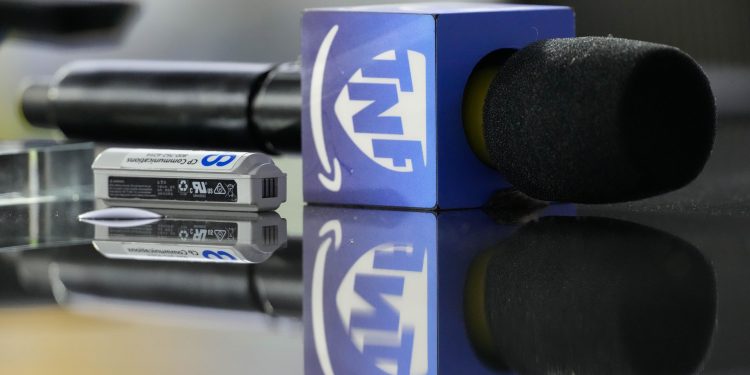 Sep 11, 2025; Green Bay, Wisconsin, USA;  General view of the Amazon Prime Thursday Night Football logo on a microphone prior to the game between the Washington Commanders and Green Bay Packers at Lambeau Field. Mandatory Credit: Jeff Hanisch-Imagn Images