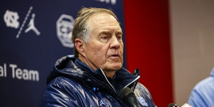 Nov 29, 2025; Raleigh, North Carolina, USA;  North Carolina Tar Heels head coach Bill Belichick addresses the media after the second half of the game against NC State Wolfpack at Carter-Finley Stadium.  Mandatory Credit: Jaylynn Nash-Imagn Images
