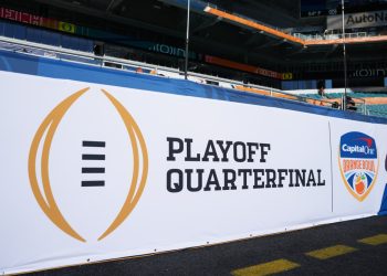 MIAMI GARDENS, FL - JANUARY 01: The playoff logo is displayed for the Orange Bowl between the Oregon Ducks and the Texas Tech Red Raiders on Thursday, January 1, 2026 at Hard Rcok Stadium in Miami Gardens, FL. Photo by Peter Joneleit/Icon Sportswire)