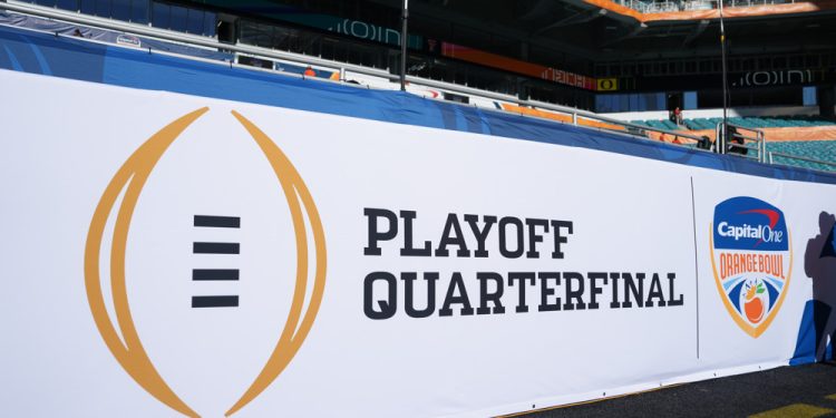 MIAMI GARDENS, FL - JANUARY 01: The playoff logo is displayed for the Orange Bowl between the Oregon Ducks and the Texas Tech Red Raiders on Thursday, January 1, 2026 at Hard Rcok Stadium in Miami Gardens, FL. Photo by Peter Joneleit/Icon Sportswire)