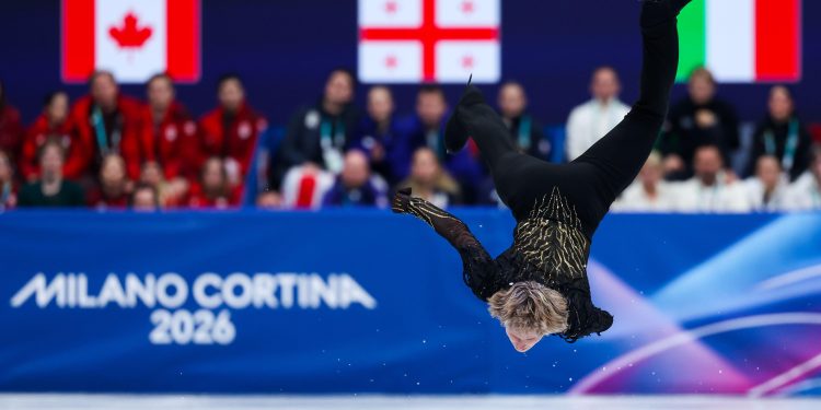 3DNJGE4 Ilia Malinin of United States competes during the Figure Skating Team Event Finals Men Single Skating - Free Skating of the Milano Cortina 2026 Winter Olympics at Milano Ice Skating Arena in Milan (Photo by Fabrizio Carabelli / SOPA Images/Sipa USA)
