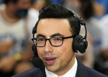 Feb 19, 2022; Los Angeles, California, USA; FS1 play-by-play announcer Noah Eagle during the game between the UCLA Bruins and the Washington Huskies at Pauley Pavilion presented by Wescom. Mandatory Credit: Kirby Lee-USA TODAY Sports