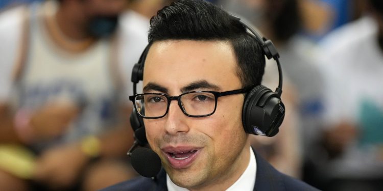 Feb 19, 2022; Los Angeles, California, USA; FS1 play-by-play announcer Noah Eagle during the game between the UCLA Bruins and the Washington Huskies at Pauley Pavilion presented by Wescom. Mandatory Credit: Kirby Lee-USA TODAY Sports