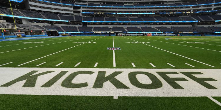 Sep 8, 2024; Inglewood, California, USA; The NFL kickoff logo at SoFi Stadium during the game between the Los Angeles Chargers and the Las Vegas Raiders. Mandatory Credit: Kirby Lee-Imagn Images