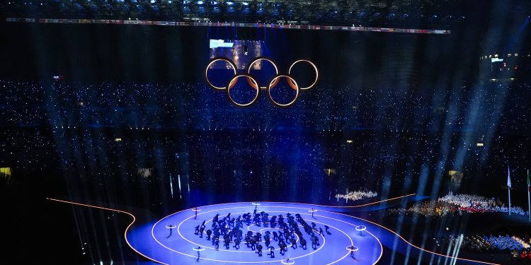 Feb 6, 2026; Milan, ITALY; The Olympic rings during the Opening Ceremony for the Milano Cortina 2026 Olympic Winter Games at Milano San Siro Olympic Stadium. Mandatory Credit: Amber Searls-Imagn Images