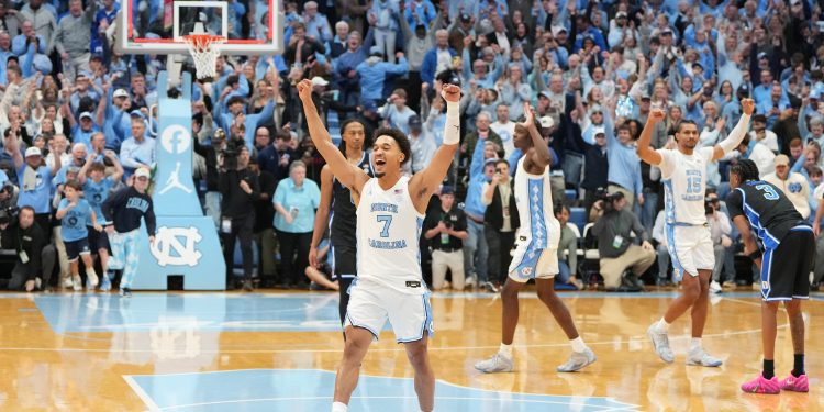 Feb 7, 2026; Chapel Hill, North Carolina, USA; North Carolina Tar Heels guard Seth Trimble (7) reacts at the end of the game at Dean E. Smith Center. Mandatory Credit: Bob Donnan-Imagn Images