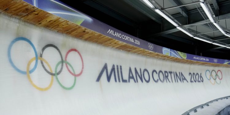 Feb 11, 2026; Cortina d'Ampezzo, Italy; General view of the logo on the track before the doubles luge competition during the Milano Cortina 2026 Olympic Winter Games at Cortina Sliding Centre. Mandatory Credit: Michael Madrid-Imagn Images