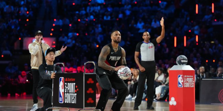 Feb 14, 2026; Los Angeles, CA, USA; Portland Trail Blazers guard Damian Lillard (0) competes in the three point contest during the 2026 NBA All Star Saturday Night at Intuit Dome. Mandatory Credit: Kirby Lee-Imagn Images