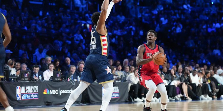 Feb 15, 2026; Inglewood, California, USA; Team USA Stars guard Anthony Edwards (5) of the Minnesota Timberwolves shoots while defended by Team USA Stripes guard Donovan Mitchell (45) of the Cleveland Cavaliers during the 75th NBA All Star Game at Intuit Dome. Mandatory Credit: Kirby Lee-Imagn Images