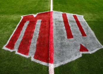 LAS VEGAS, NV - AUGUST 23: General view of the Mountain West Conference logo on the field after a college football game between the Idaho State Bengals and the UNLV Rebels on August 23, 2025 at Allegiant Stadium in Las Vegas, Nevada. (Photo by Jeff Speer/Icon Sportswire)
