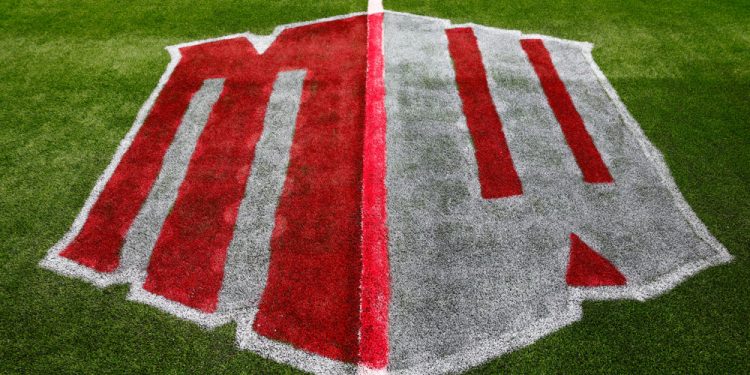 LAS VEGAS, NV - AUGUST 23: General view of the Mountain West Conference logo on the field after a college football game between the Idaho State Bengals and the UNLV Rebels on August 23, 2025 at Allegiant Stadium in Las Vegas, Nevada. (Photo by Jeff Speer/Icon Sportswire)