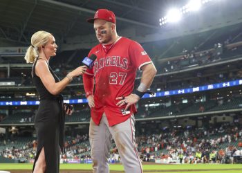 HOUSTON, TX - AUGUST 31:  Fan Duel reporter Erica Weston interviews Los Angeles Angels designated hitter Mike Trout (27) after the MLB game between the Los Angeles Angels and Houston Astros on August 31, 2025 at Daikin Park in Houston, Texas.  (Photo by Leslie Plaza Johnson/Icon Sportswire)